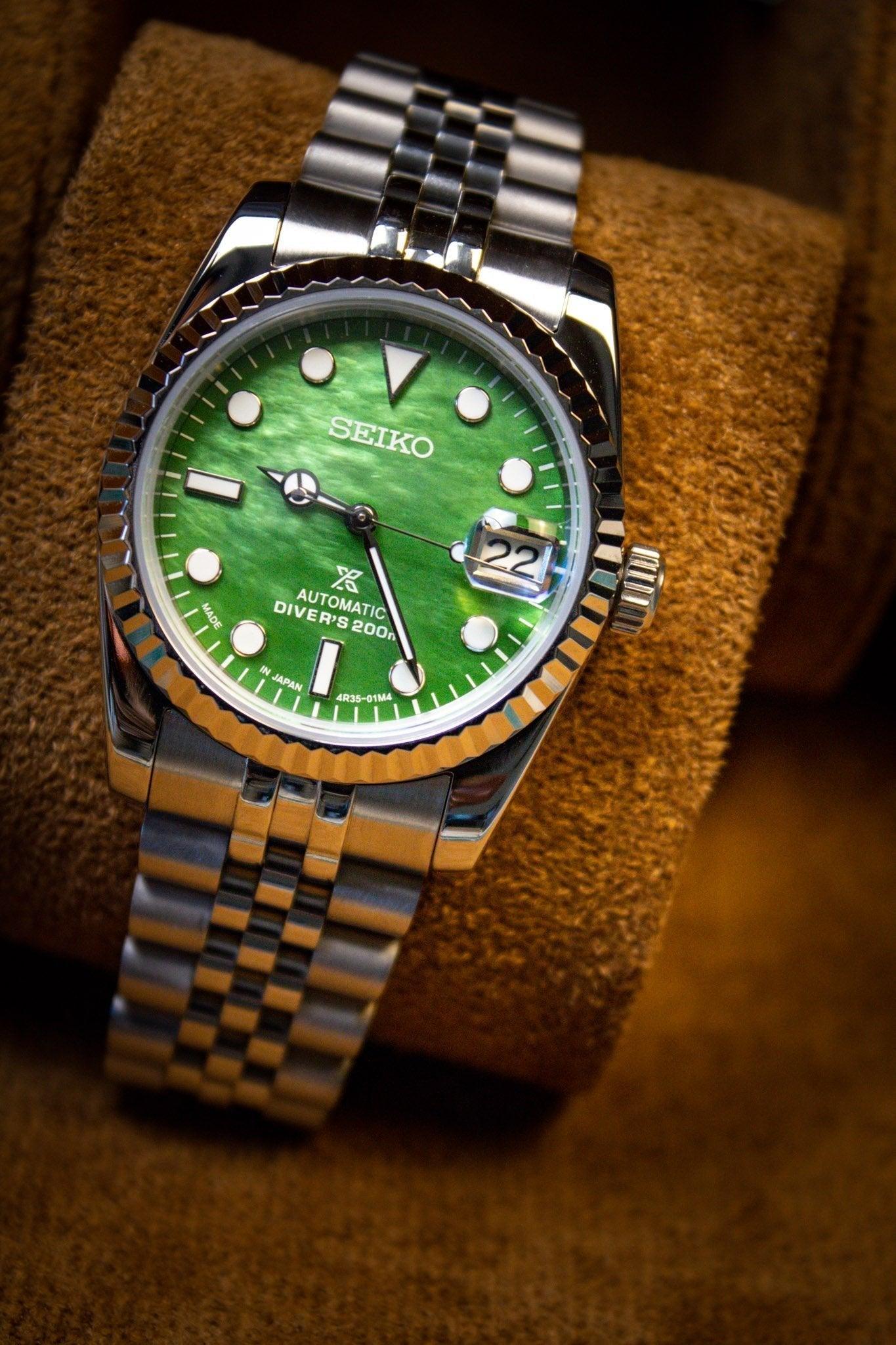 SEIKO MOD DATEJUST GREEN MOTHER OF PEARL. MONTRE A PAPY Mod seiko