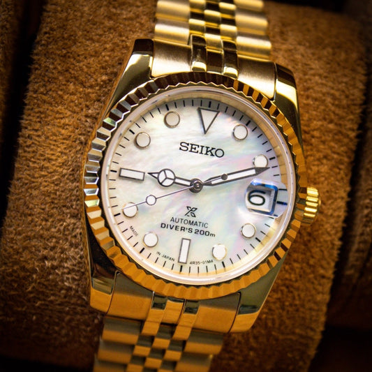 SEIKO MOD DATEJUST WHITE MOTHER OF PEARL GOLD - MONTRE A PAPY