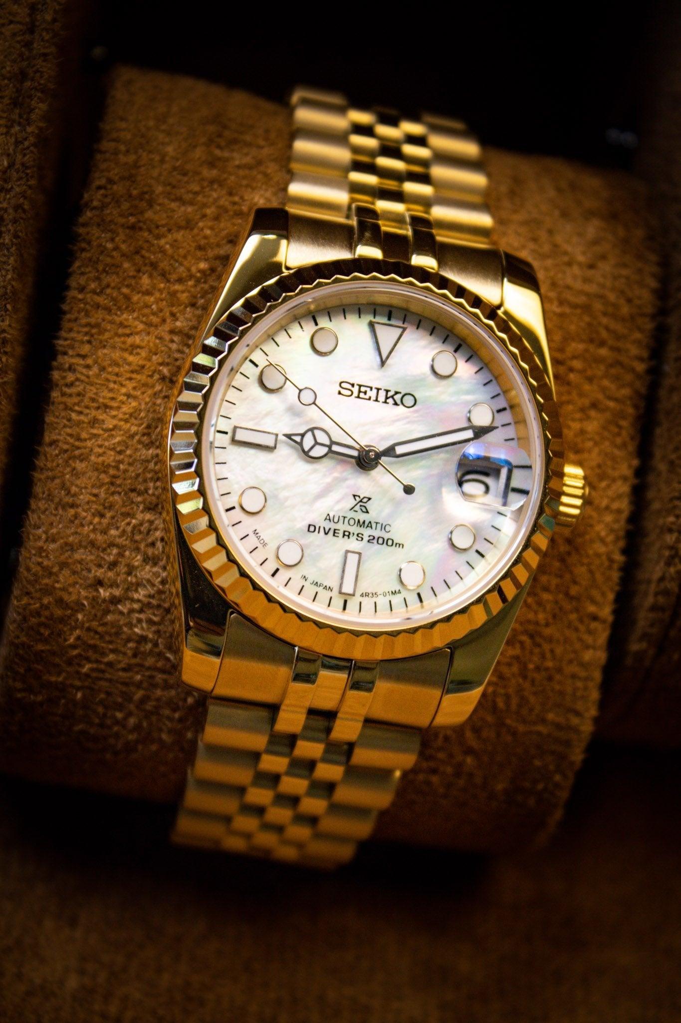 SEIKO MOD DATEJUST WHITE MOTHER OF PEARL GOLD MONTRE A PAPY Mod